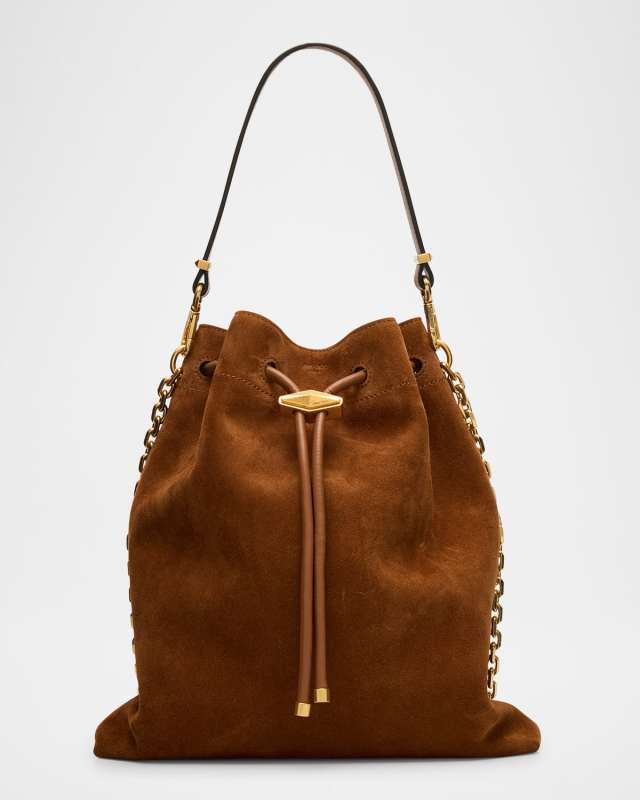 Cinch Suede Bucket Bag with Chain